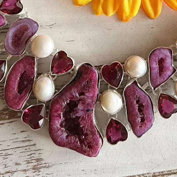 Solar Agate Pearl Heart Necklace Handmade Stone Gemstone 925 Silver Large Ethnic - Picture 3 of 15